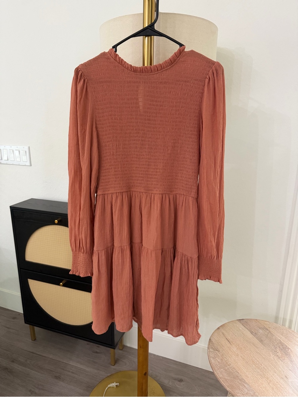 Smocked Bodice Long Sleeve Tiered Dress in Rust
